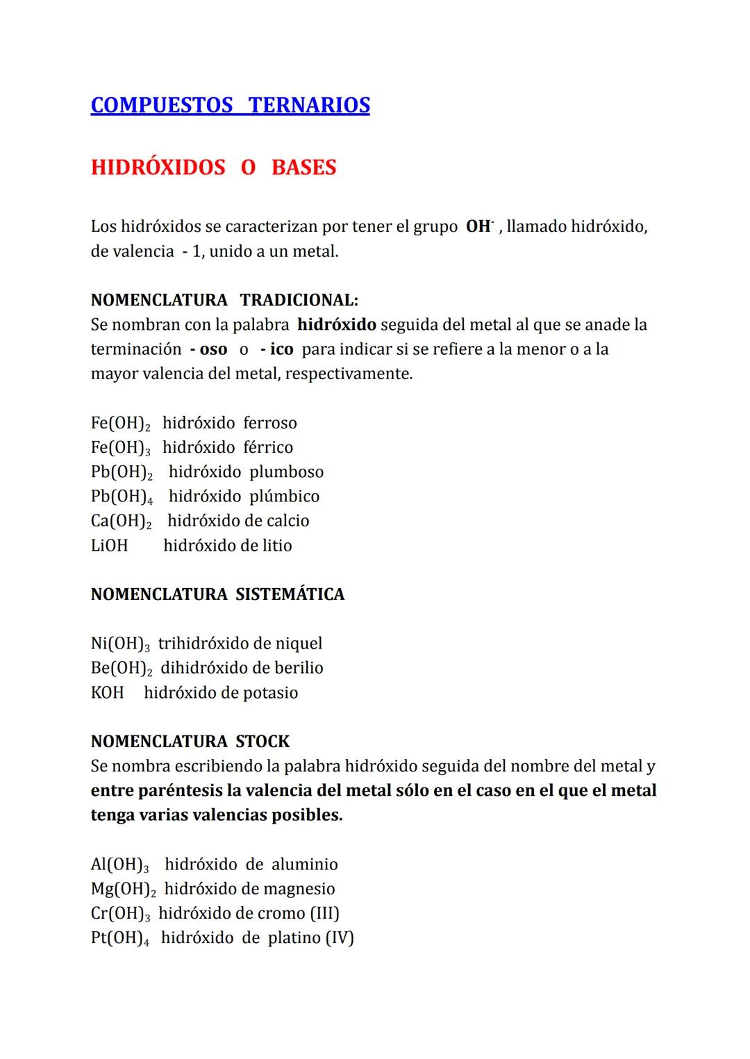 COMPUESTOS TERNARIOS
HIDRÓXIDOS O BASES
Los hidróxidos se caracterizan por tener el grupo OH, llamado hidróxido,
de valencia - 1, unido a un