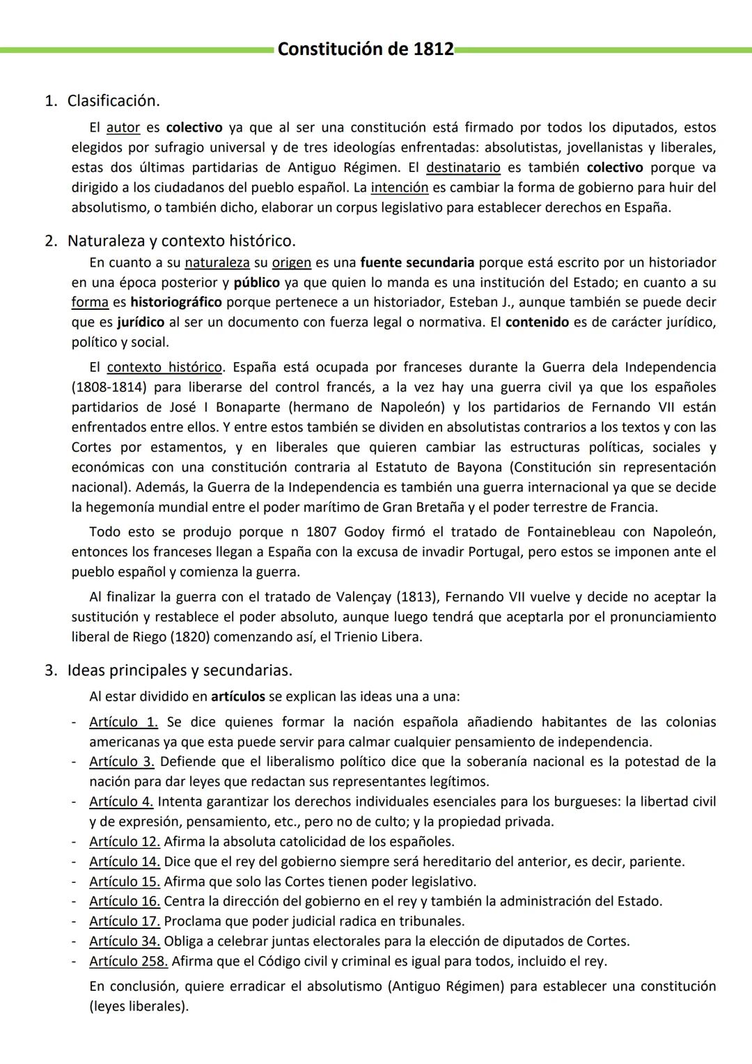 Constitución de 1812
1. Clasificación.
El autor es colectivo ya que al ser una constitución está firmado por todos los diputados, estos
eleg