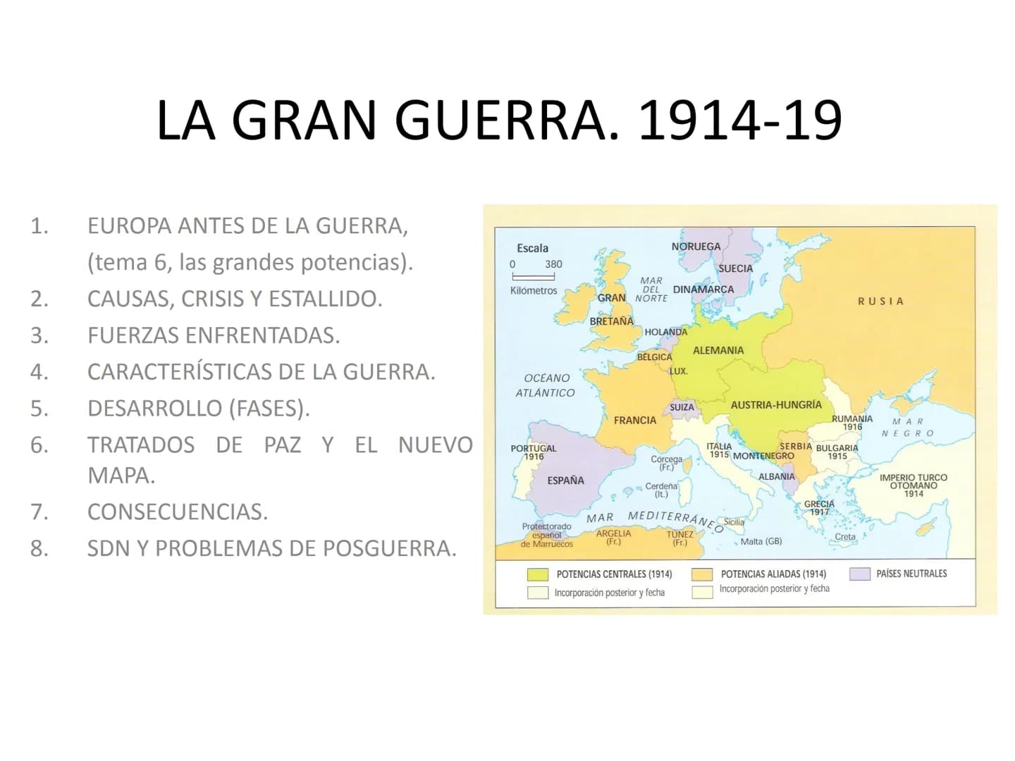 1.
LA GRAN GUERRA. 1914-19
EUROPA ANTES DE LA GUERRA,
(tema 6, las grandes potencias).
CAUSAS, CRISIS Y ESTALLIDO.
FUERZAS ENFRENTADAS.
CARA