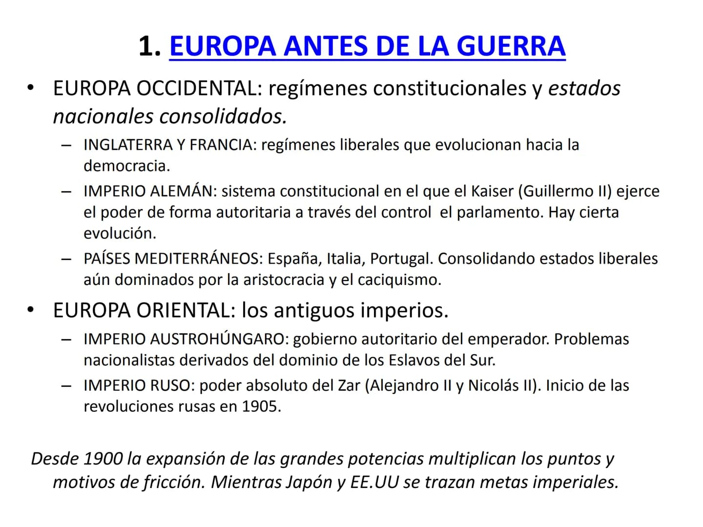 1.
LA GRAN GUERRA. 1914-19
EUROPA ANTES DE LA GUERRA,
(tema 6, las grandes potencias).
CAUSAS, CRISIS Y ESTALLIDO.
FUERZAS ENFRENTADAS.
CARA