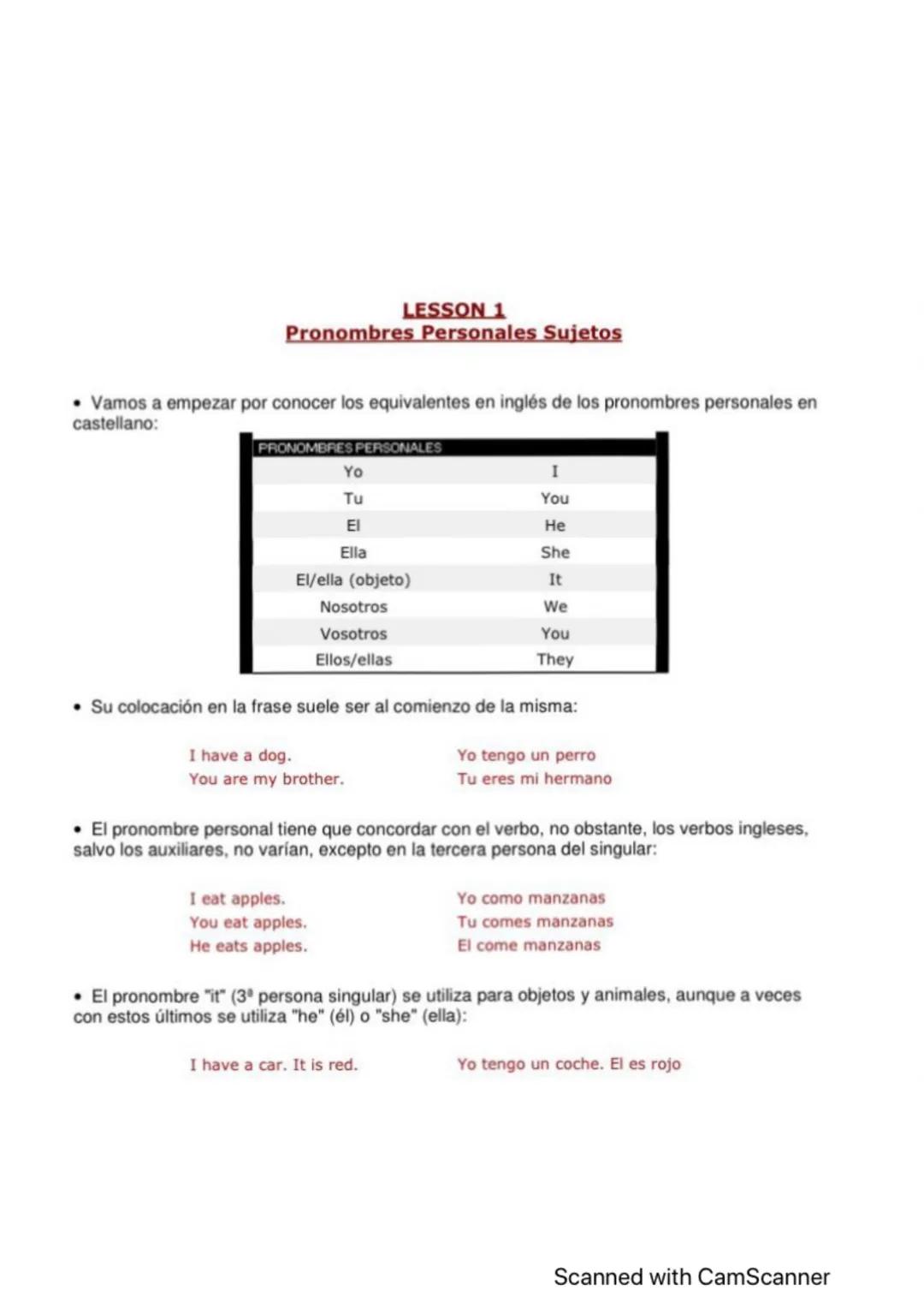LESSON 1
Pronombres Personales Sujetos
• Vamos a empezar por conocer los equivalentes en inglés de los pronombres personales en
castellano:
