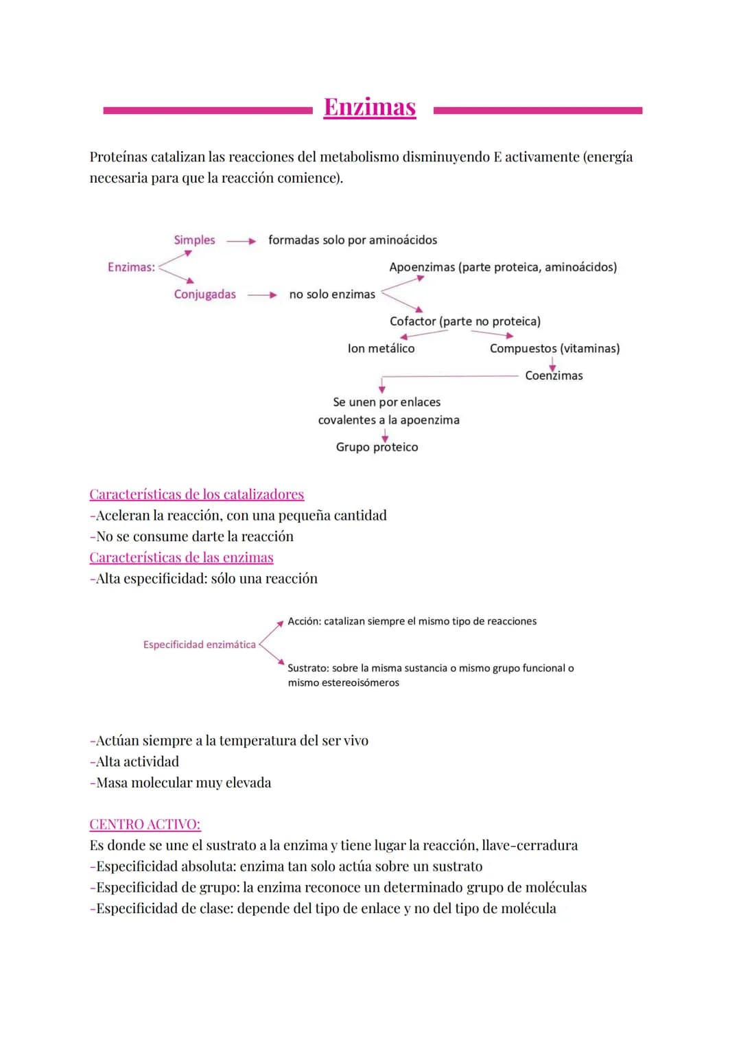 Proteínas catalizan las reacciones del metabolismo disminuyendo E activamente (energía
necesaria para que la reacción comience).
Enzimas:
Si