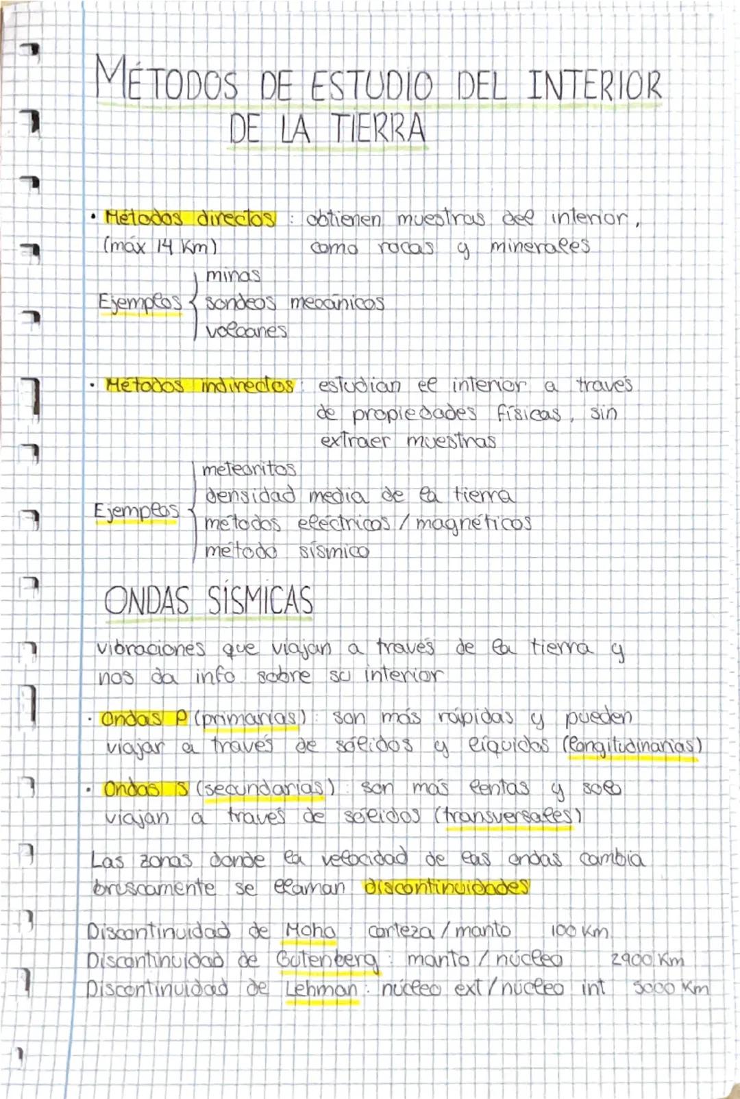 # MÉTODOS DE ESTUDIO DEL INTERIOR
DE LA TIERRA

- Métodos directos: cotienen muestras dee interior,
(max 14 km) como rocas y minerales
Ejemp