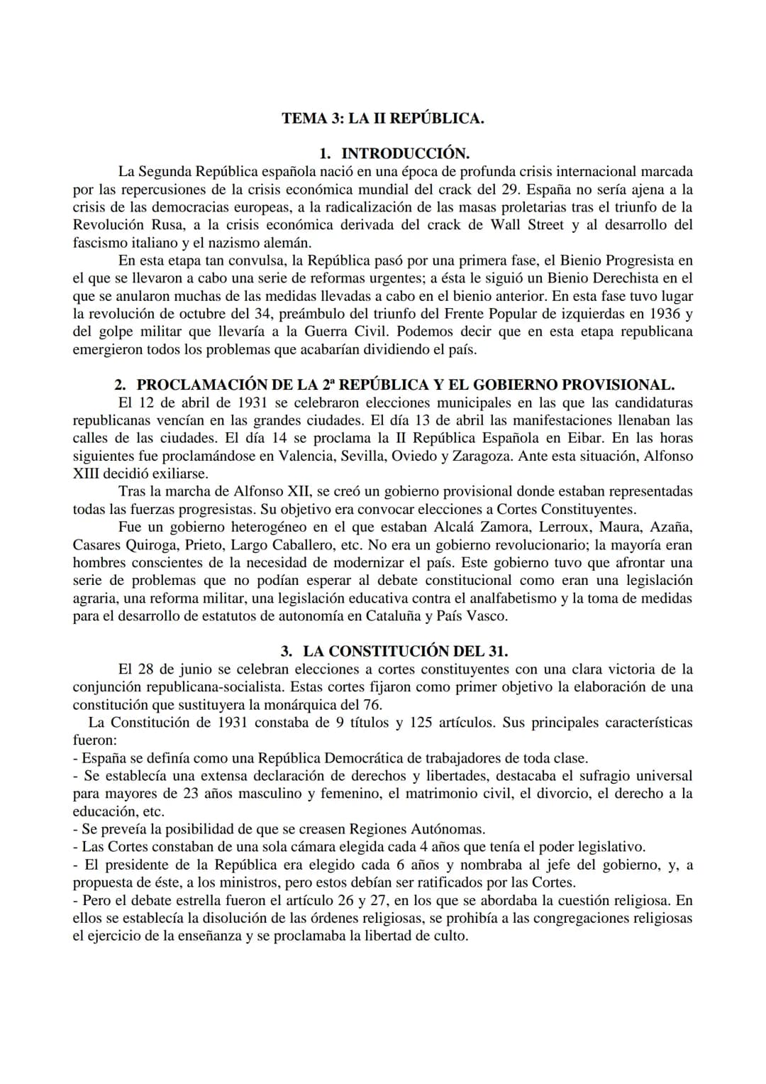 TEMA 3: LA II REPÚBLICA.
1. INTRODUCCIÓN.
La Segunda República española nació en una época de profunda crisis internacional marcada
por las 