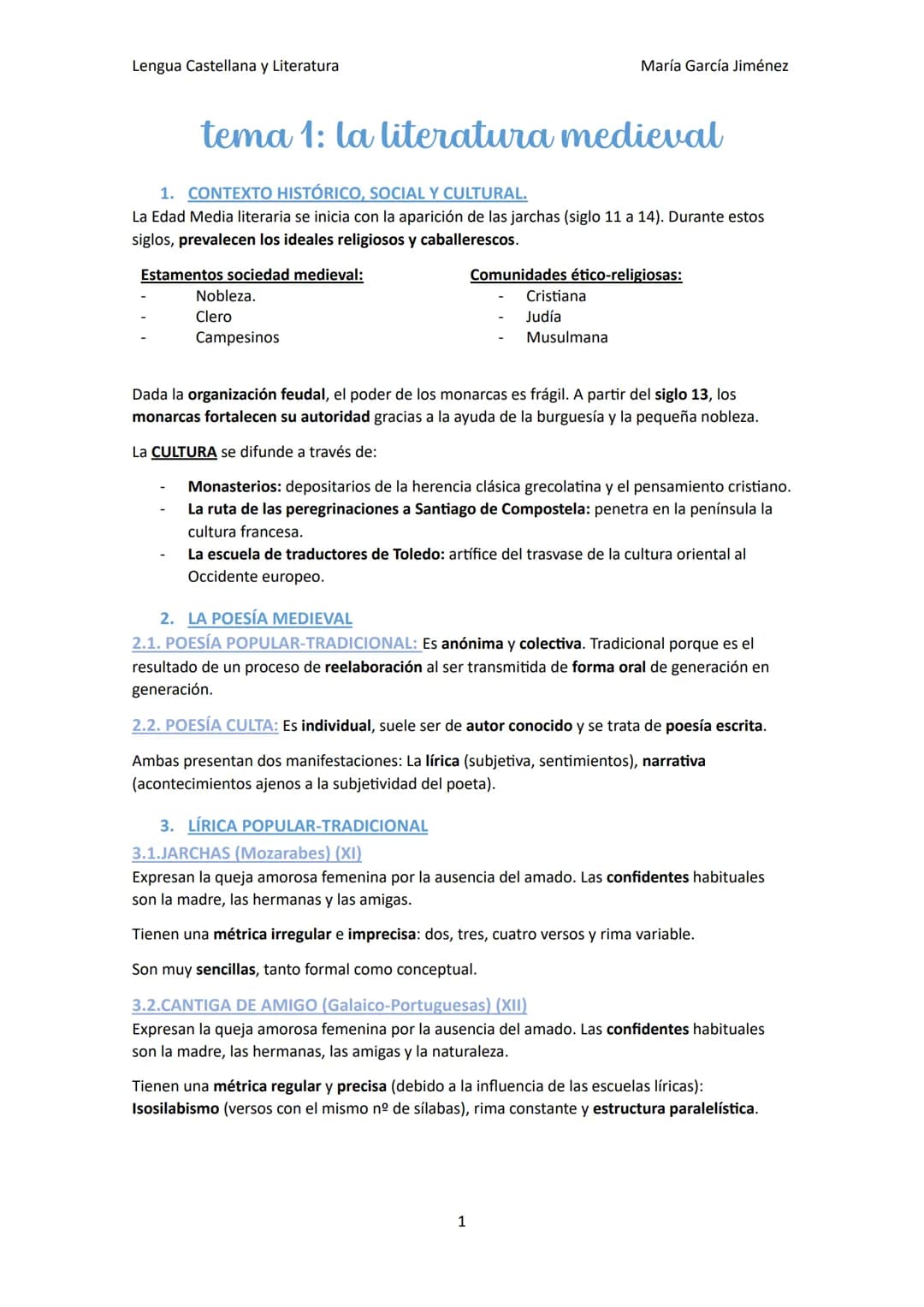Lengua Castellana y Literatura
tema 1: la literatura medieval
1. CONTEXTO HISTÓRICO, SOCIAL Y CULTURAL.
La Edad Media literaria se inicia co