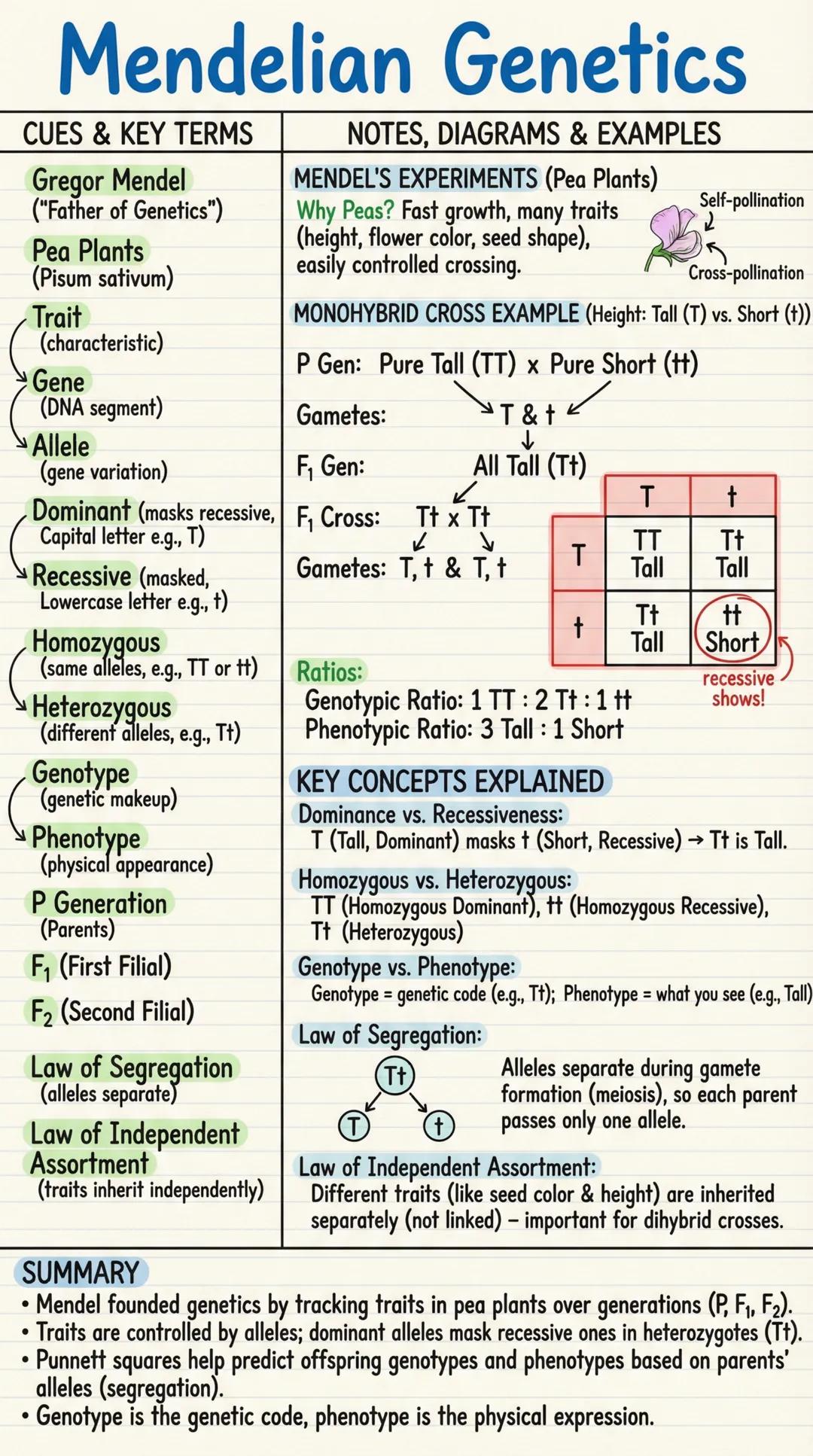 # Mendelian Genetics

CUES & KEY TERMS | NOTES, DIAGRAMS & EXAMPLES
---|---
Gregor Mendel | MENDEL'S EXPERIMENTS (Pea Plants)
("Father of Ge