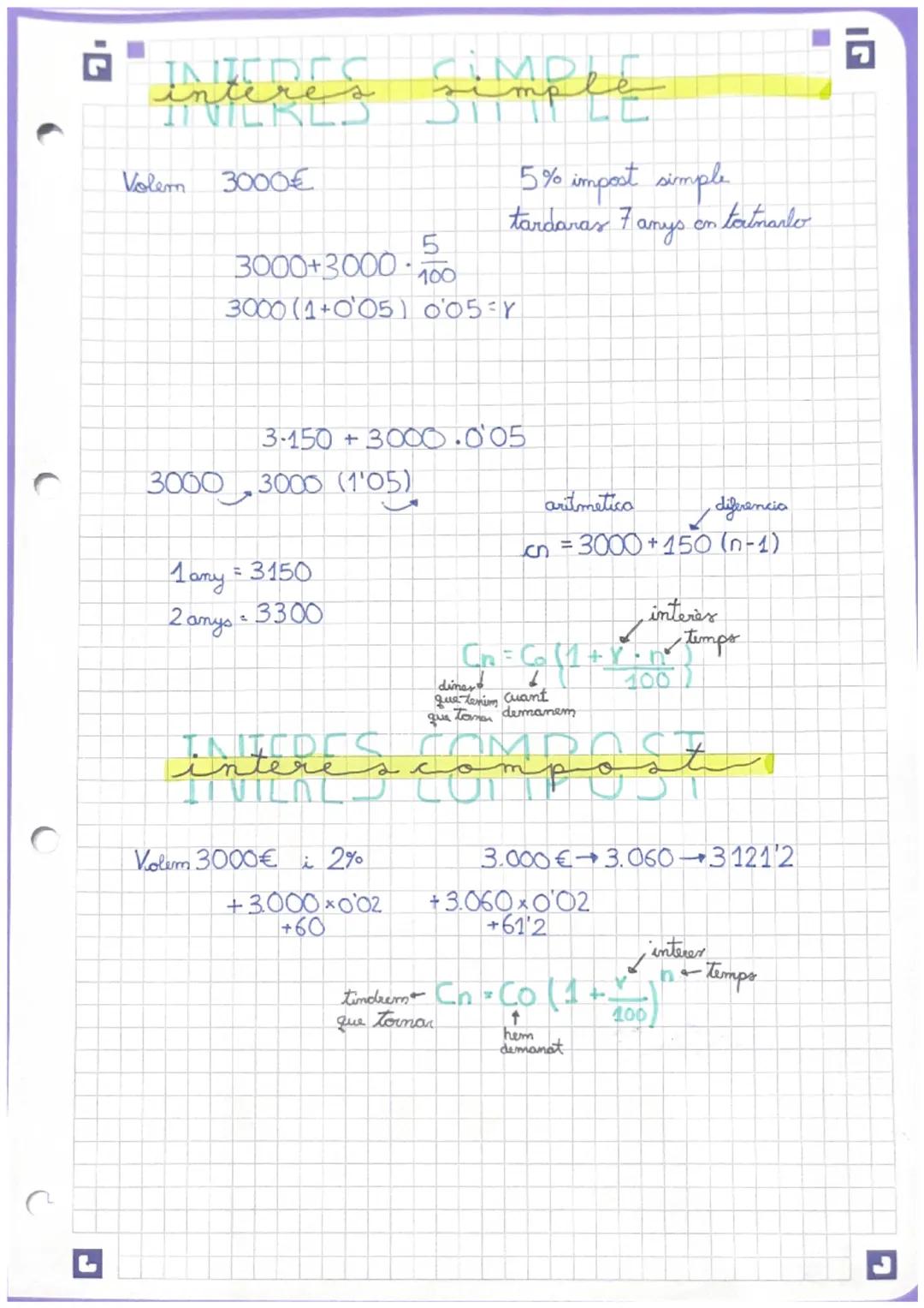INIC DE
ه فلمز
INILLKIL.)
Volem
3000€
5
3000+3000 100
3000 (1+005) 005=Y
3000-3000 (105)
3.150 + 3000.0'05
any - 3150
1
2 amyo - 3300
يفلمسا