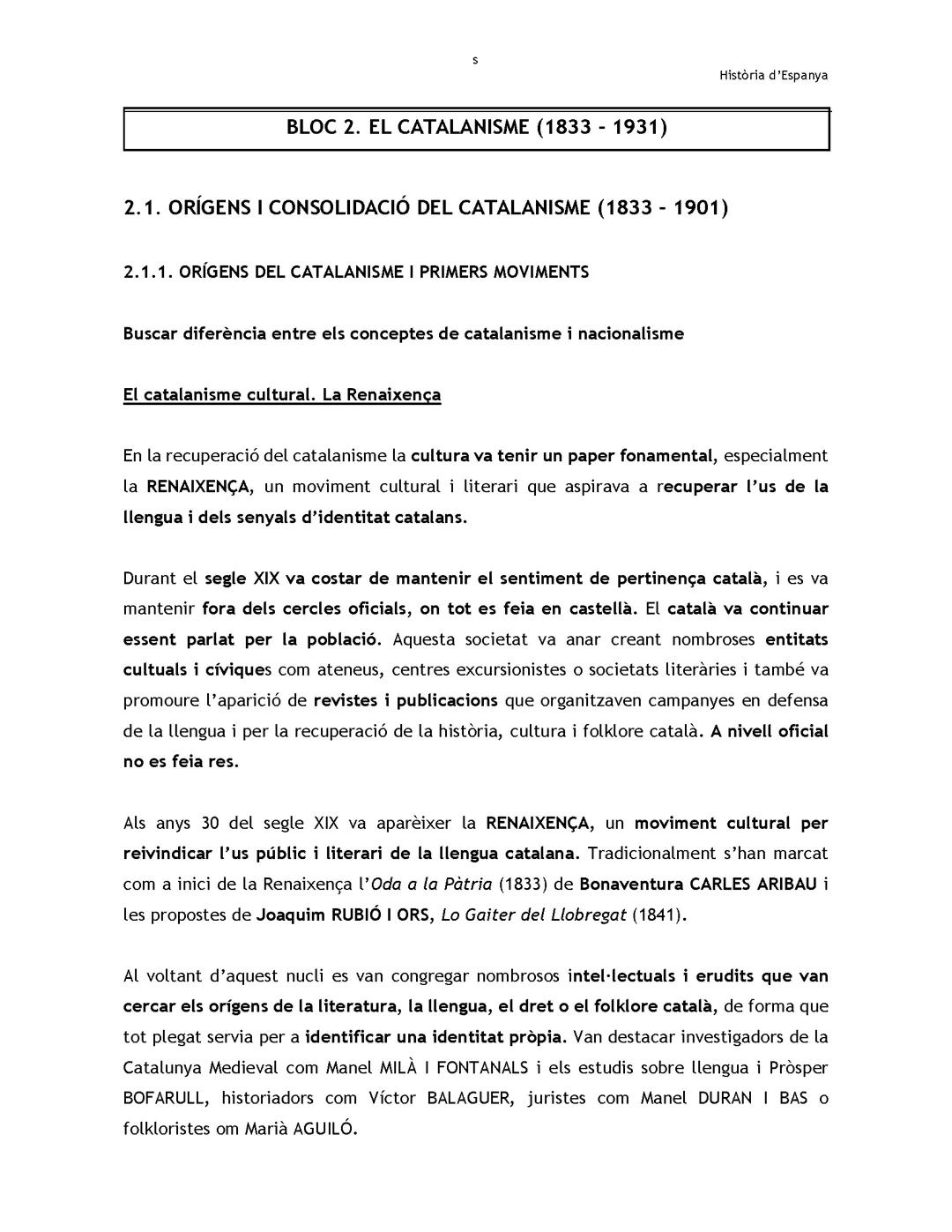 El Catalanisme: Bloc 2 (1833 - 1931) - Apunts i Resum
