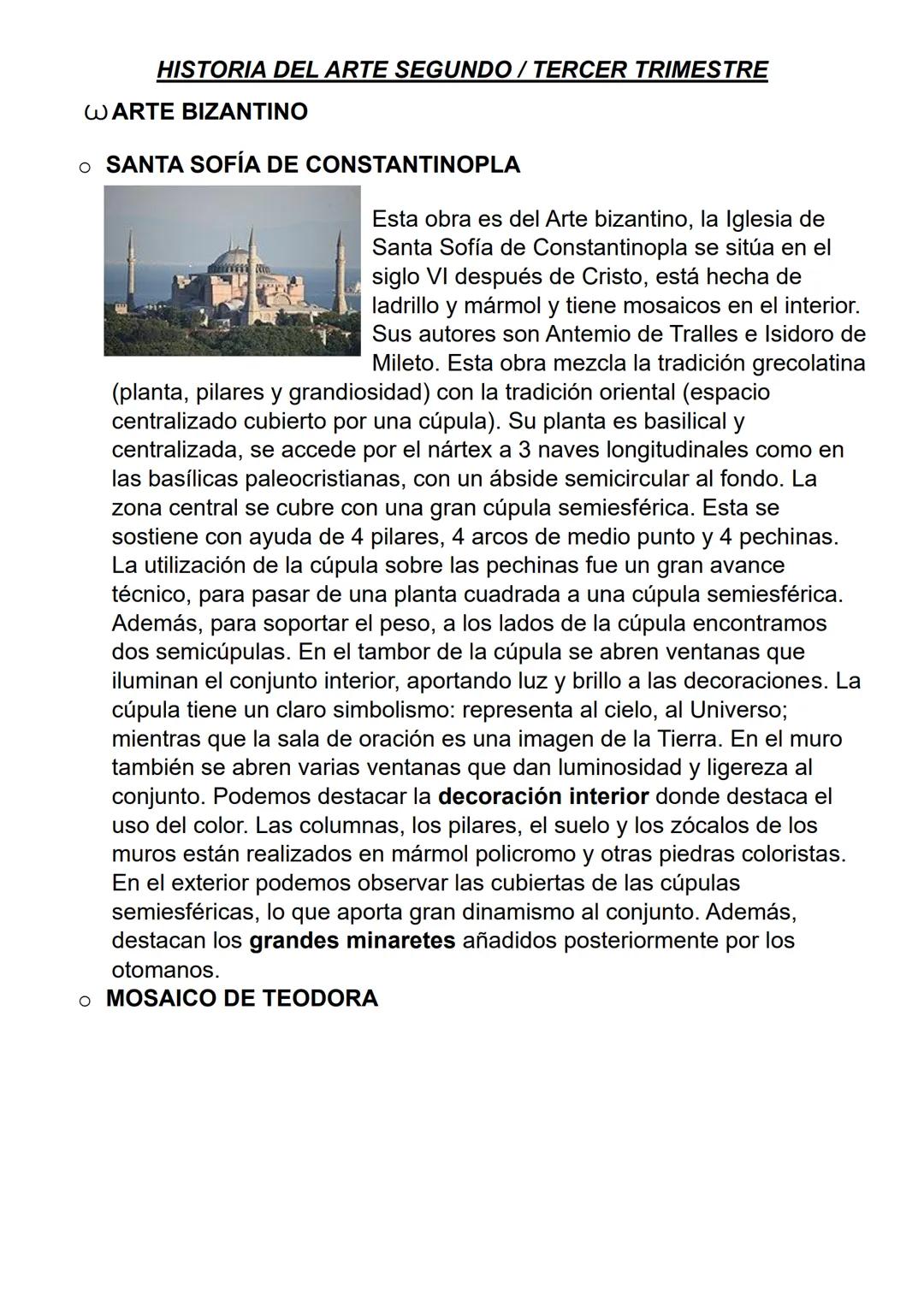 HISTORIA DEL ARTE SEGUNDO / TERCER TRIMESTRE
WARTE BIZANTINO
。 SANTA SOFÍA DE CONSTANTINOPLA
Esta obra es del Arte bizantino, la Iglesia de
