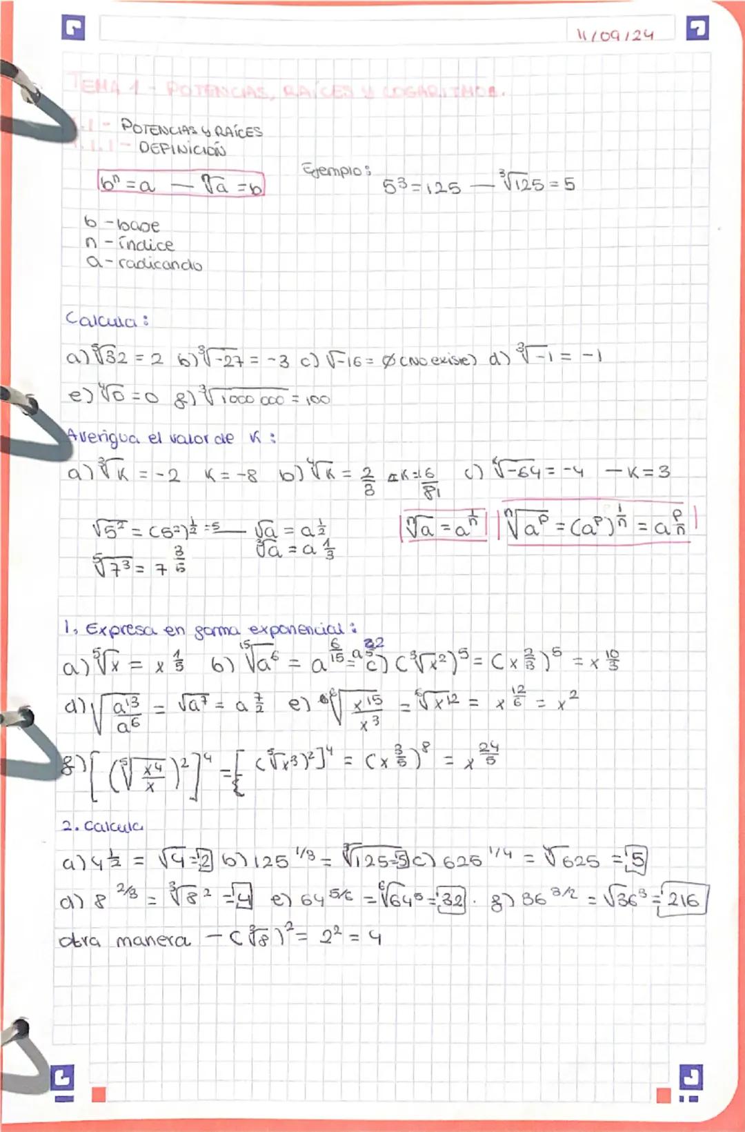# TEMA 1 - POTENCIAS, RAÍCES Y COGARITHOS.

## I. - POTENCIAS Y RAÍCES
### 1.1 - DEFINICIÓN

$b^n = a$ $\sqrt[n]{a} = b$ Ejemplos: $5^3 = 12