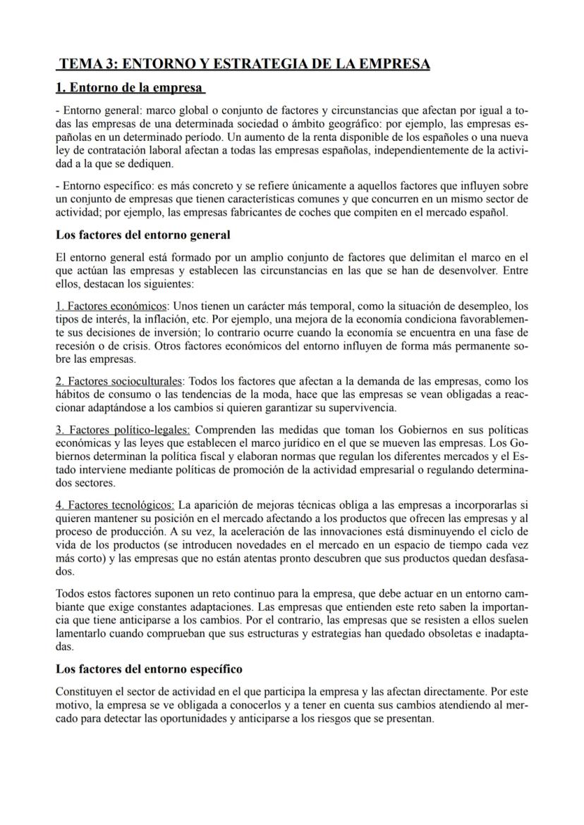 TEMA 3: ENTORNO Y ESTRATEGIA DE LA EMPRESA
1. Entorno de la empresa
- Entorno general: marco global o conjunto de factores y circunstancias 