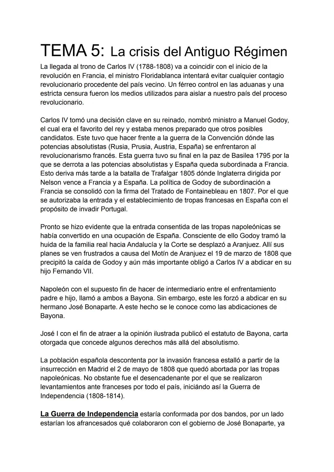 TEMA 5: La crisis del Antiguo Régimen
La llegada al trono de Carlos IV (1788-1808) va a coincidir con el inicio de la
revolución en Francia,