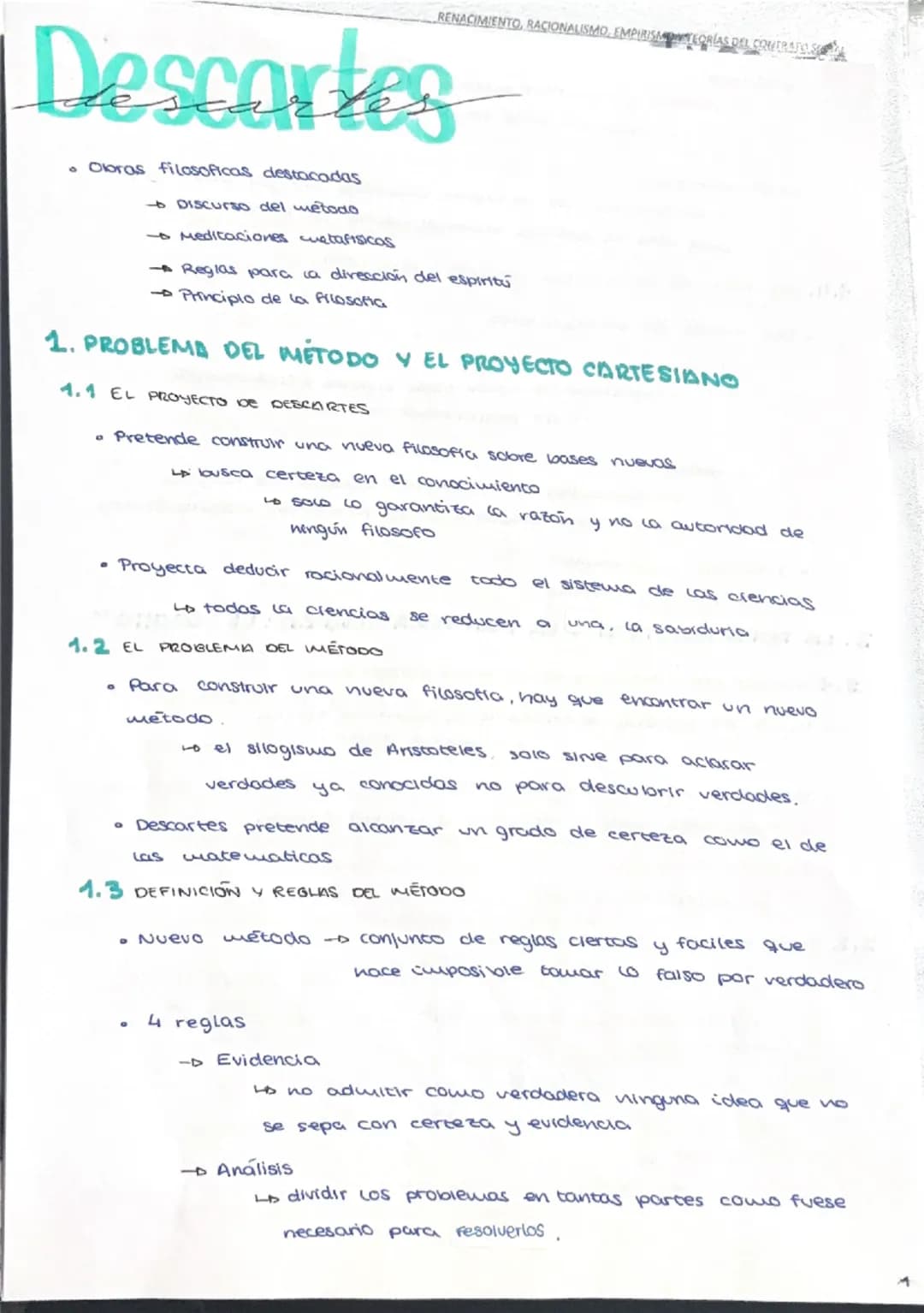 # Descartes

- Obras filosóficas destacadas
  - *Discurso del método*
  - *Meditaciones metafísicas*
  - *Reglas para la dirección del espír
