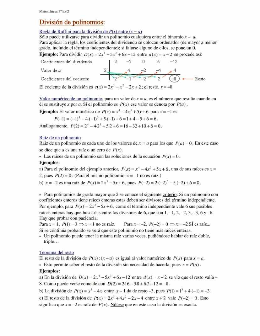 Matemáticas 3º ESO
Polinomios
Un polinomio es la suma de varios monomios. Si la suma es de dos monomios se le
puede llamar binomio; si es su