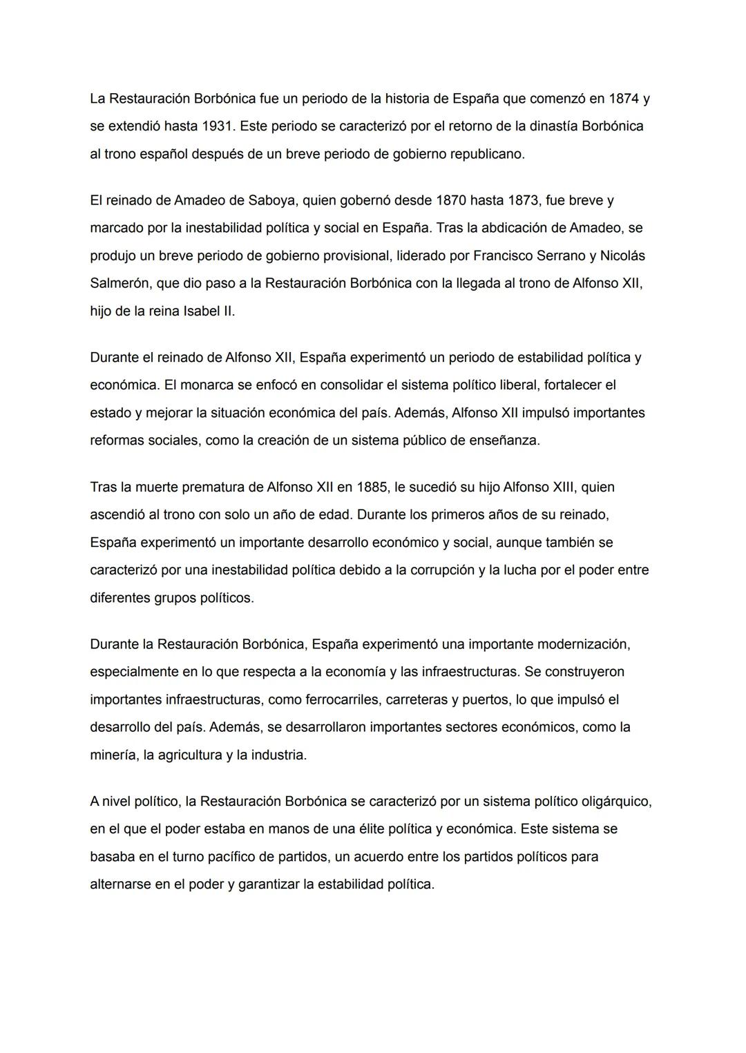 La Restauración Borbónica fue un periodo de la historia de España que comenzó en 1874 y
se extendió hasta 1931. Este periodo se caracterizó 