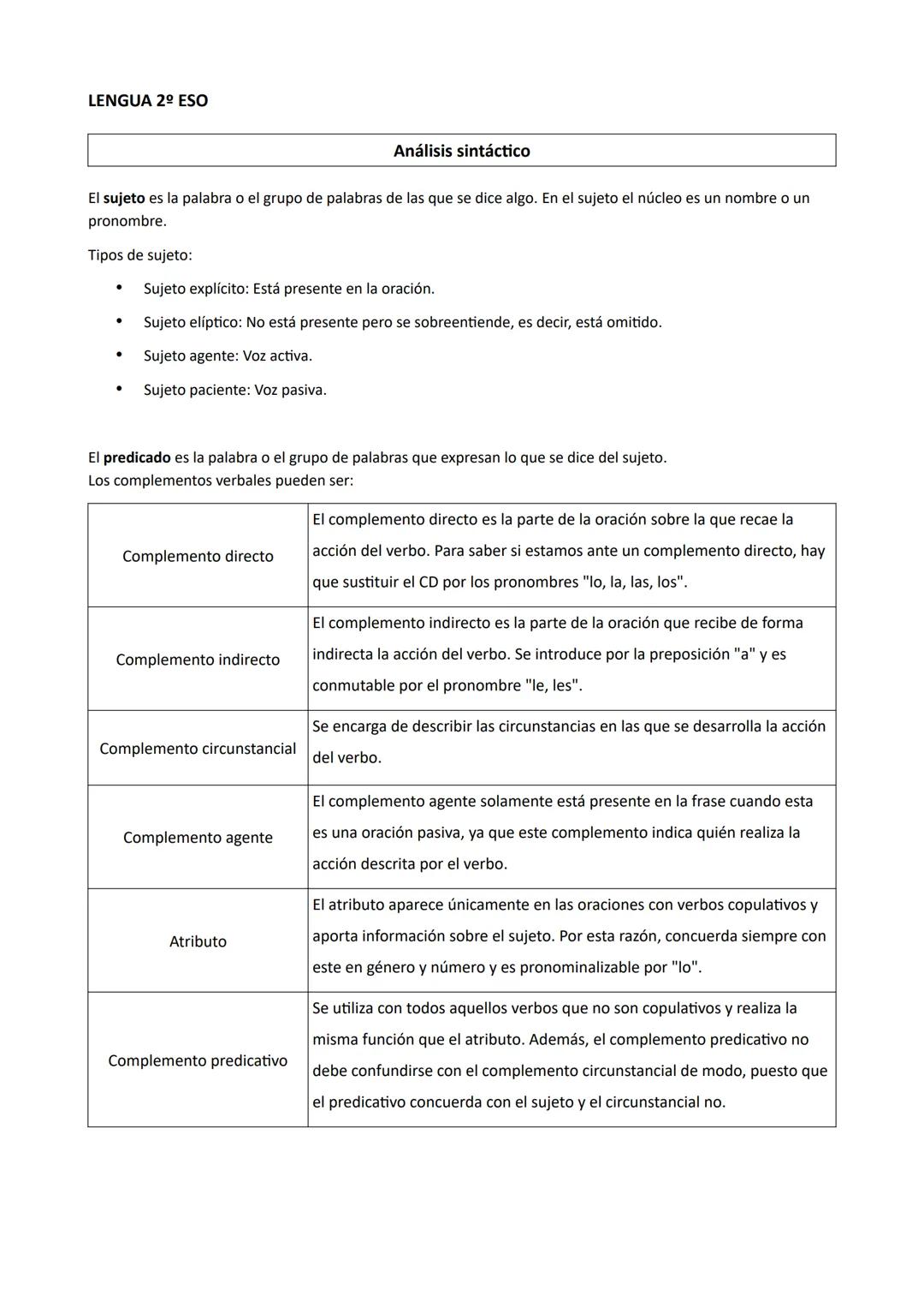 LENGUA 2º ESO
Análisis sintáctico
El sujeto es la palabra o el grupo de palabras de las que se dice algo. En el sujeto el núcleo es un nombr