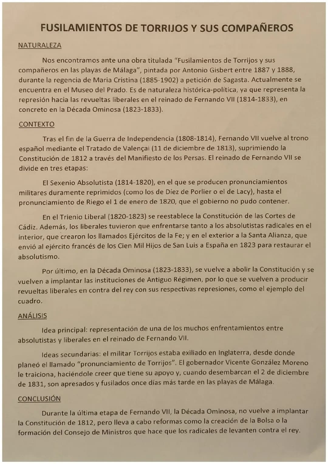 FUSILAMIENTOS DE TORRIJOS Y SUS COMPAÑEROS
NATURALEZA
Nos encontramos ante una obra titulada "Fusilamientos de Torrijos y sus
compañeros en 