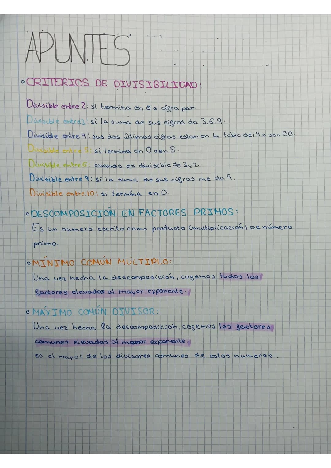 APUNTES
CRITERIOS DE DIVISIBILIDAD:
Divisible entre 2: si termina ch 0 o cígra par.
Diviside entrez si la suma de sus cigras da 3,6,9.
Divis