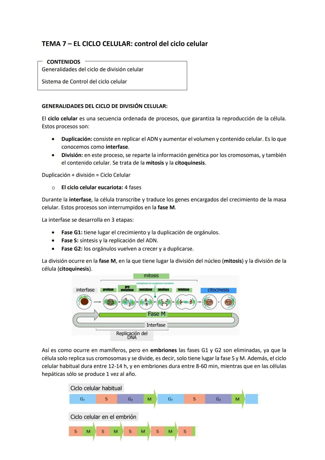 TEMA 7 - EL CICLO CELULAR: control del ciclo celular
CONTENIDOS
Generalidades del ciclo de división celular
Sistema de Control del ciclo cel