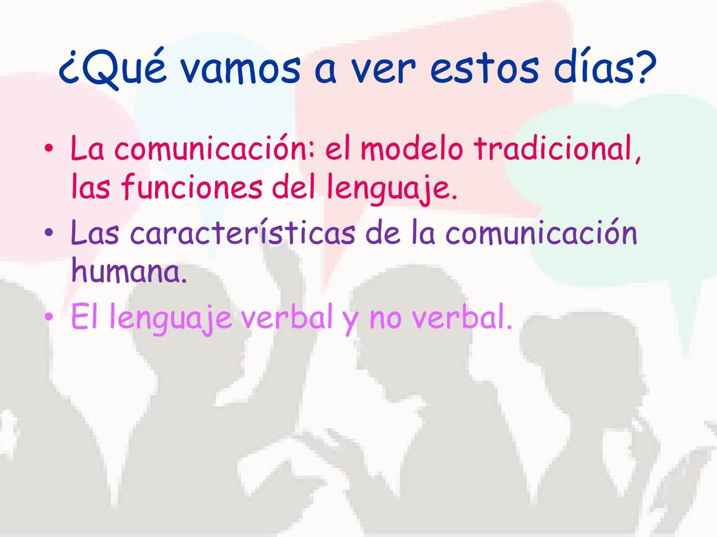 La Comunicación
LA COMUNICACION
VERBAL
ORAL ESCRITA
NO VERDAL
GESTOS IMÁGENES SONIDOS ¿Qué vamos a ver estos días?
●
• La comunicación: el m