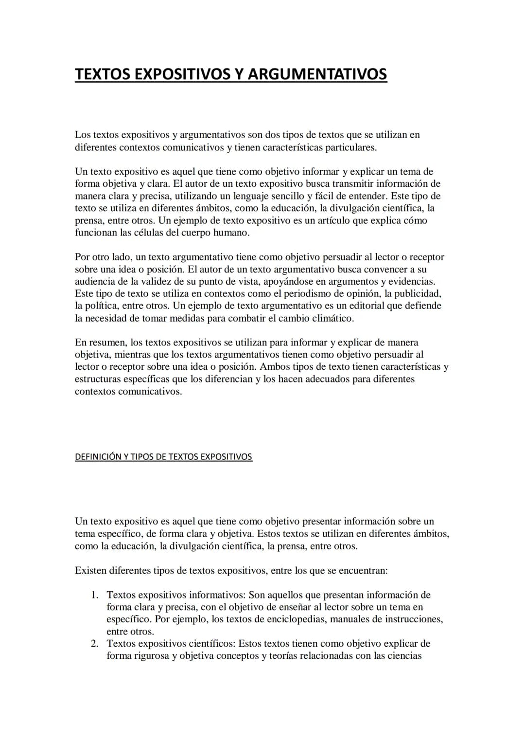 TEXTOS EXPOSITIVOS Y ARGUMENTATIVOS
Los textos expositivos y argumentativos son dos tipos de textos que se utilizan en
diferentes contextos 