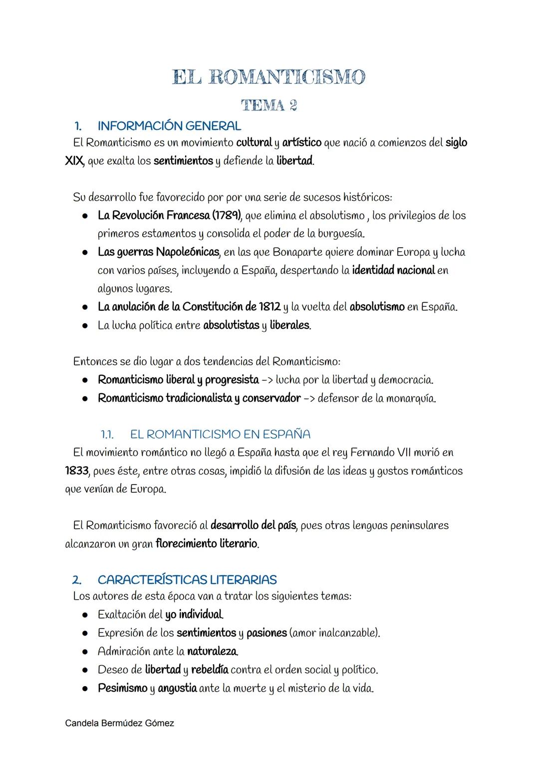 1. INFORMACIÓN GENERAL
El Romanticismo es un movimiento cultural y artístico que nació a comienzos del siglo
XIX, que exalta los sentimiento