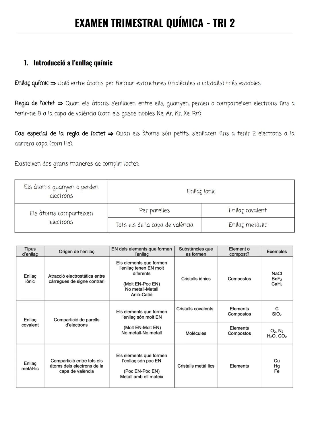 # EXAMEN TRIMESTRAL QUÍMICA - TRI 2

1.  Introducció a l'enllaç químic

Enllaç químic Unió entre àtoms per formar estructures (molècules o c