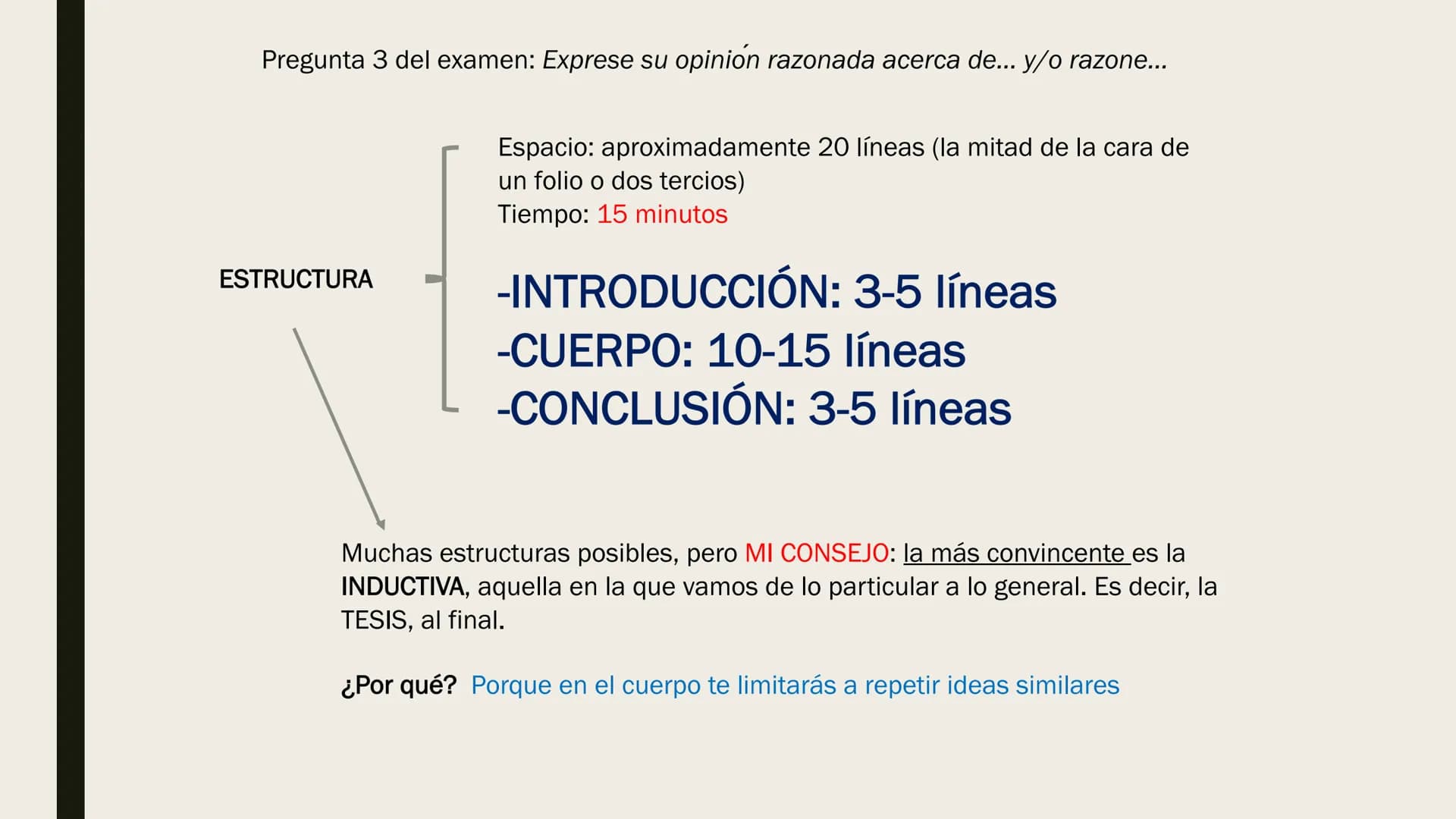 ELABORAR TEXTO
ARGUMENTATIVO
EVAU 2020 Pregunta 3 del examen: Exprese su opinión razonada acerca de... y/o razone...
ESTRUCTURA
Espacio: apr