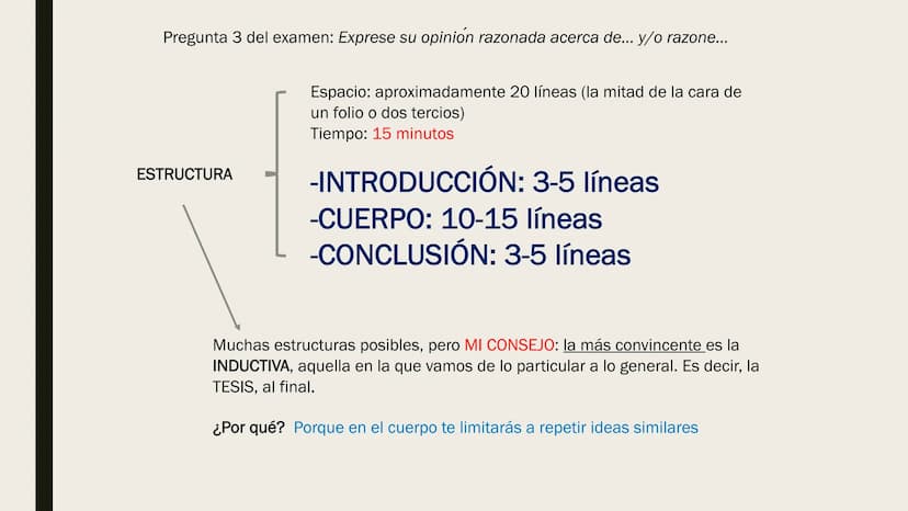 ELABORAR TEXTO
ARGUMENTATIVO
EVAU 2020 Pregunta 3 del examen: Exprese su opinión razonada acerca de... y/o razone...
ESTRUCTURA
Espacio: apr