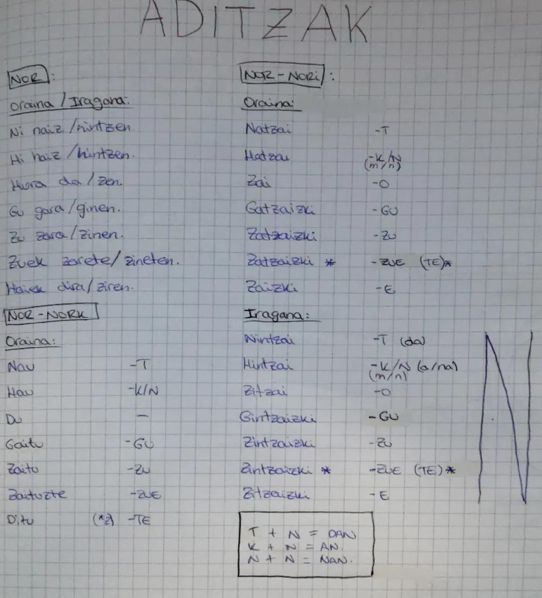 ADITZAK

NOR
NOR-NORI:
Oraina/Iragana:
Oraina
Ni naiz/nintzen.
Natzai
-T
Hi haiz/hintzen.
Hatzai

Hura da/zen.
Zai
-0
Gu gara/ginen.
Gatzaiz