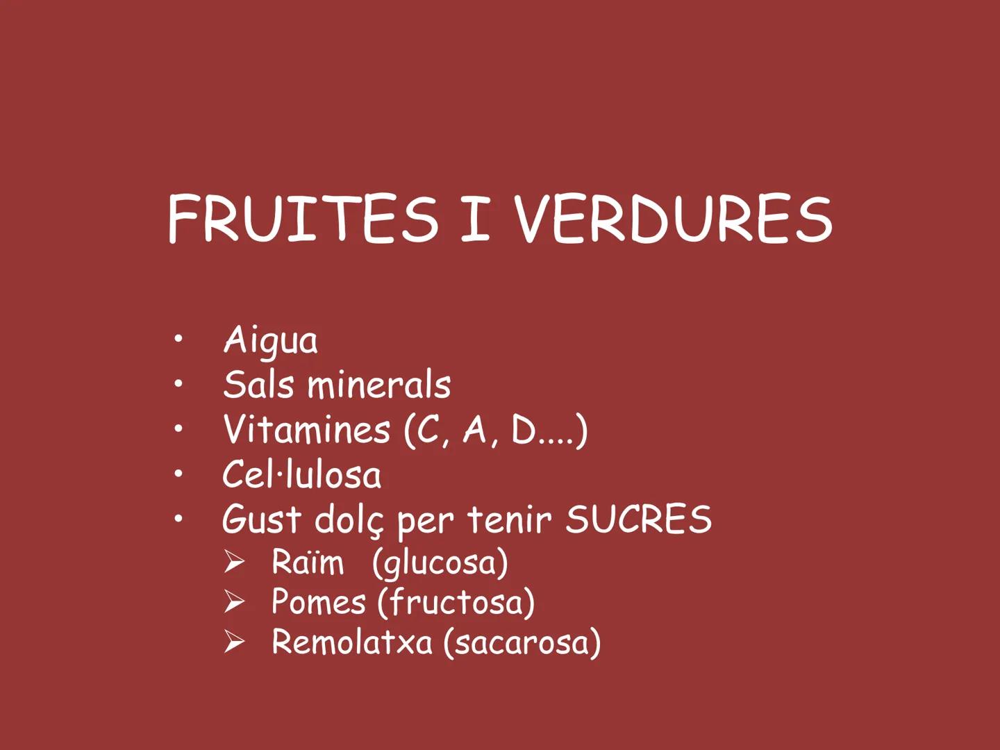 # UNITAT 4:

# DEL PLAT A LA CÈL·LULA

Glúcids i Lípids FRUITES I VERDURES

*   Aigua
*   Sals minerals
*   Vitamines (C, A, D....)
*   Cell