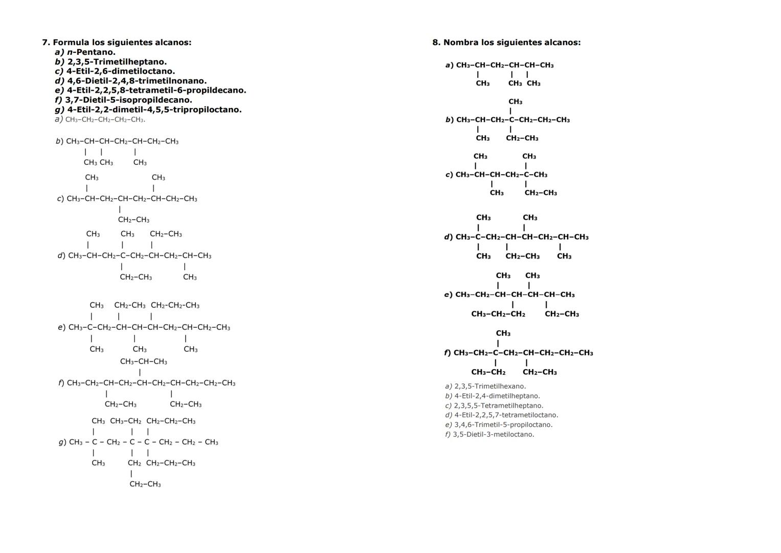 7. Formula los siguientes alcanos:
a) n-Pentano.
b) 2,3,5-Trimetilheptano.
c) 4-Etil-2,6-dimetiloctano.
d) 4,6-Dietil-2,4,8-trimetilnonano.
