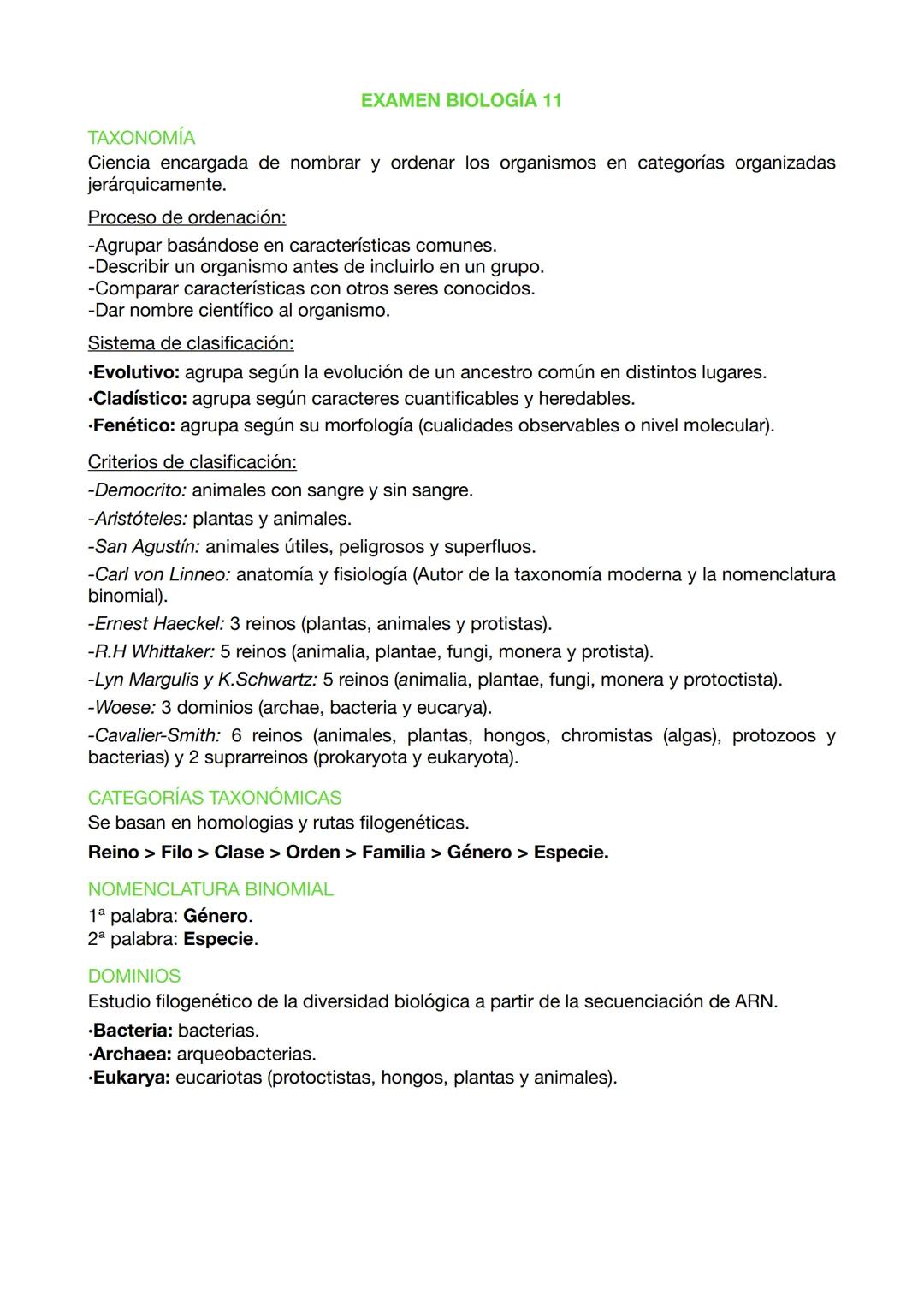EXAMEN BIOLOGÍA 11
TAXONOMÍA
Ciencia encargada de nombrar y ordenar los organismos en categorías organizadas
jerárquicamente.
Proceso de ord
