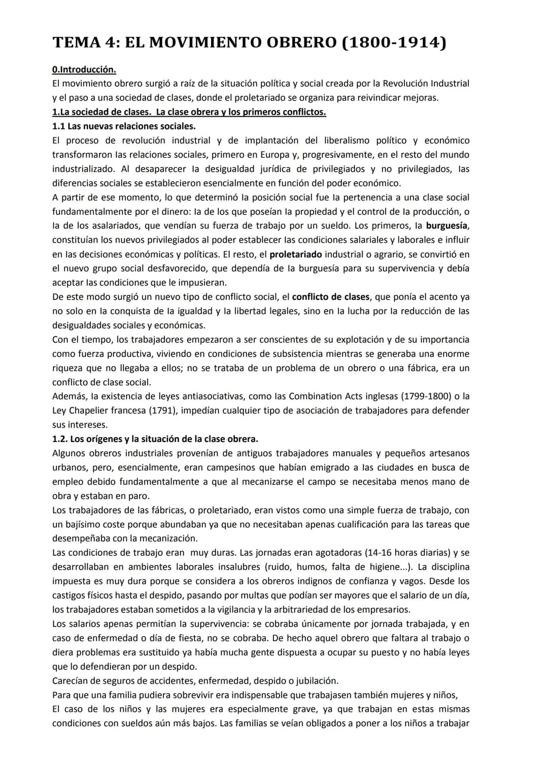 TEMA 4: EL MOVIMIENTO OBRERO (1800-1914)
0.Introducción.
El movimiento obrero surgió a raíz de la situación política y social creada por la 