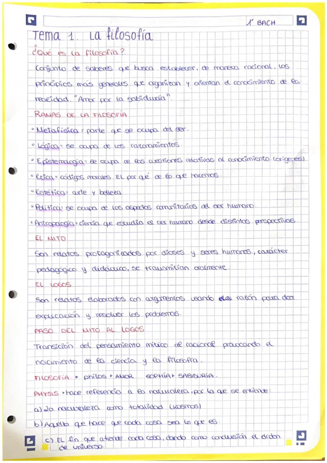 5
Tema 1. La filosofía
¿Qué es la filosofía ?
BACH.
Conjunto de saberes que busca establecer, de manera racional, los
principios mas general