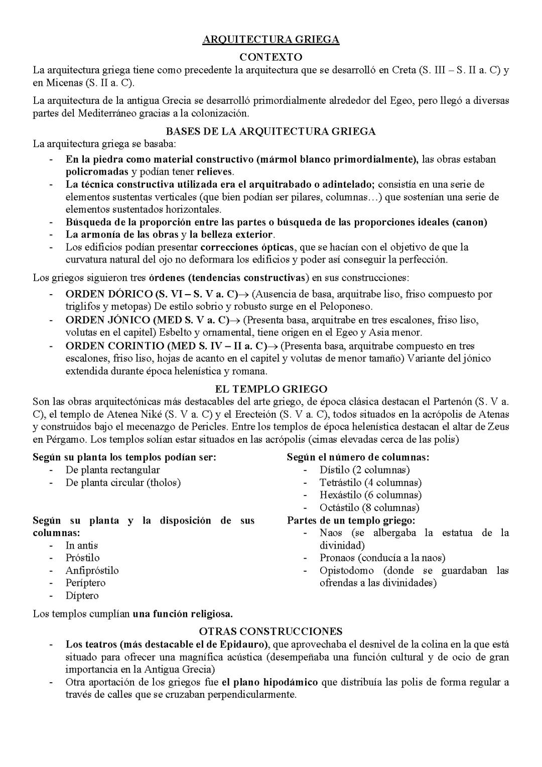 HISTORIA DEL ARTE RESUMEN Y DESARROLLO DE LA ARQUITECTURA GRIEGA
