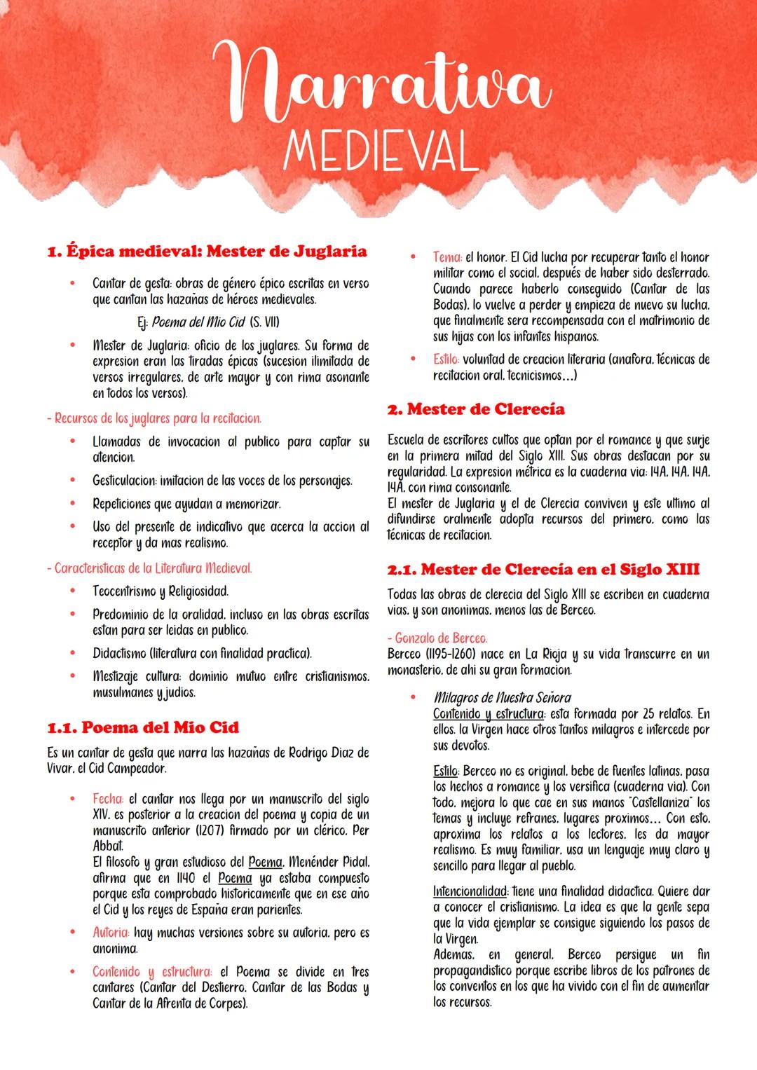 1. Épica medieval: Mester de Juglaria
Cantar de gesta: obras de género épico escritas en verso
que cantan las hazañas de héroes medievales.

