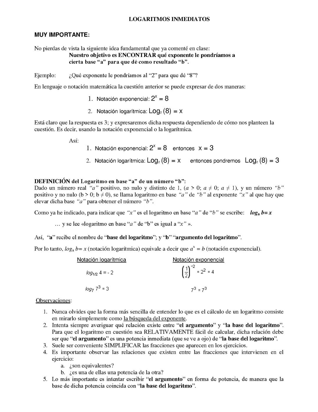 Logaritmos inmediatos
