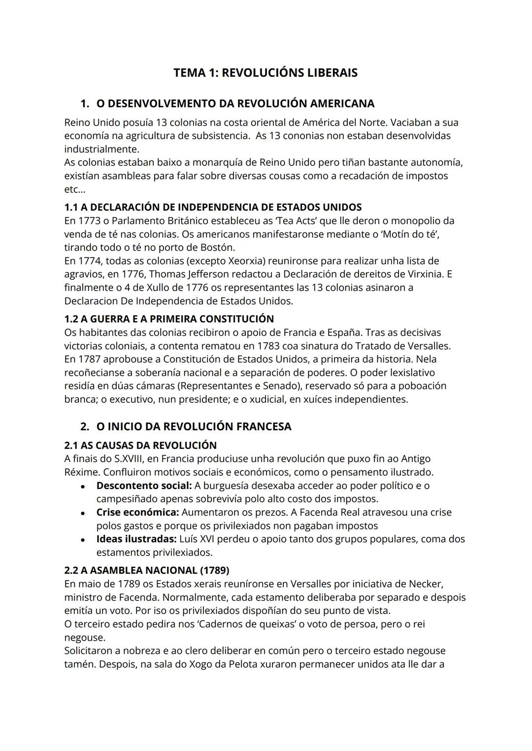 TEMA 1: REVOLUCIÓNS LIBERAIS
1. O DESENVOLVEMENTO DA REVOLUCIÓN AMERICANA
Reino Unido posuía 13 colonias na costa oriental de América del No