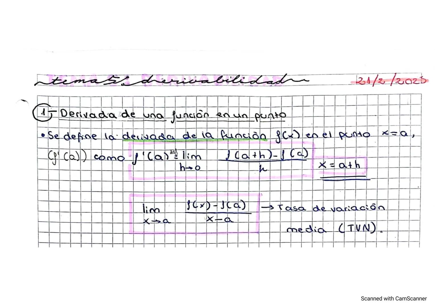 tematis derivabilidade
+ Derivada de una función en un punto
•Se define la derivada de la función f(x) en el punto x = a,
(g' (a)) como f '(