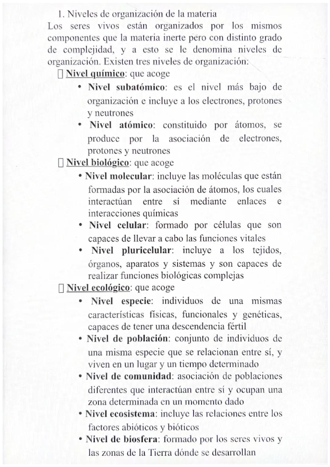 1. Niveles de organización de la materia
Los seres vivos están organizados por los mismos
componentes que la materia inerte pero con distint