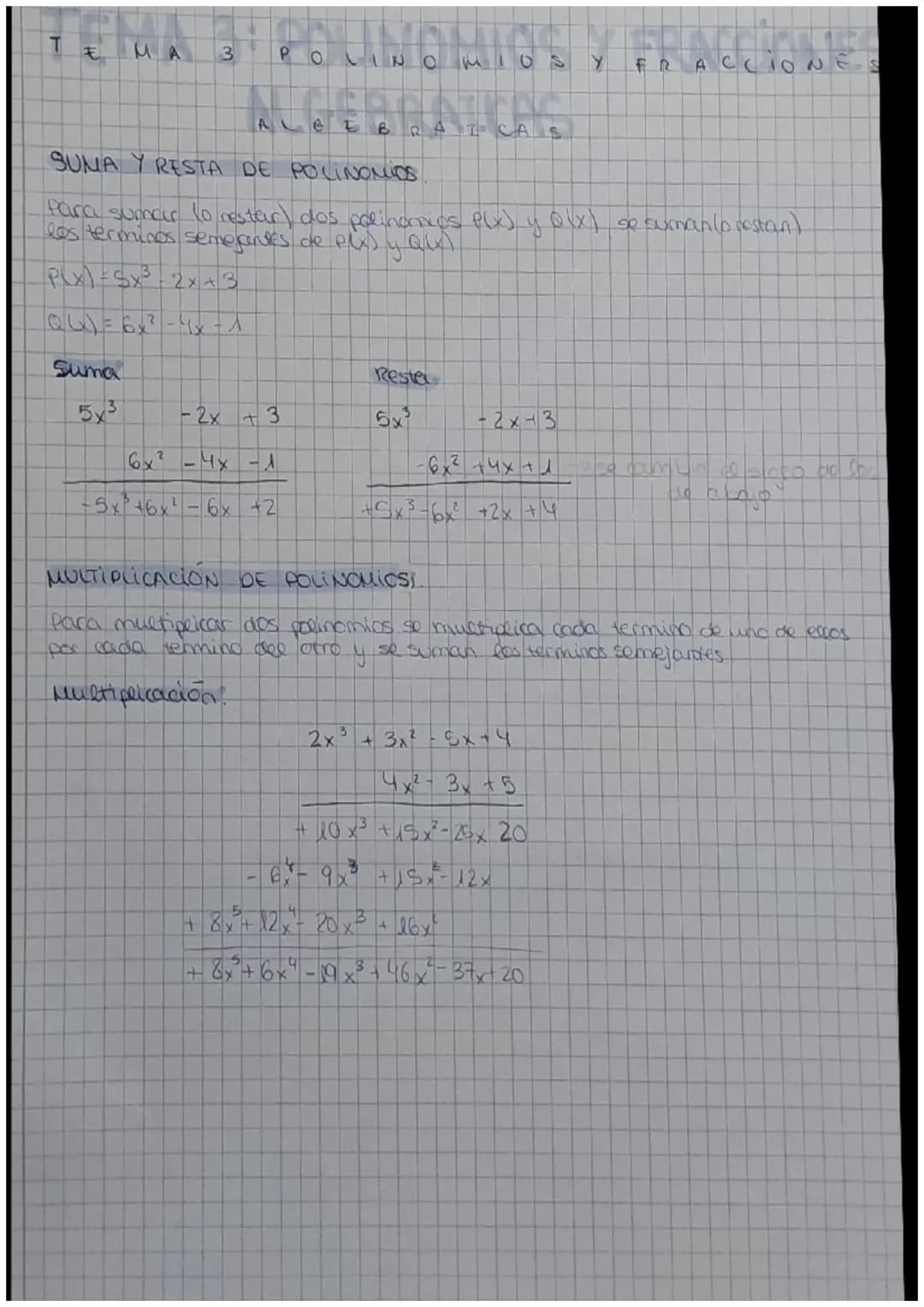 
<h2 id="sumandsubtraction">Sum and Subtraction</h2>
<p>To sum or subtract two polynomials P(x) and Q(x), the like terms of P(x) and Q(x) ar