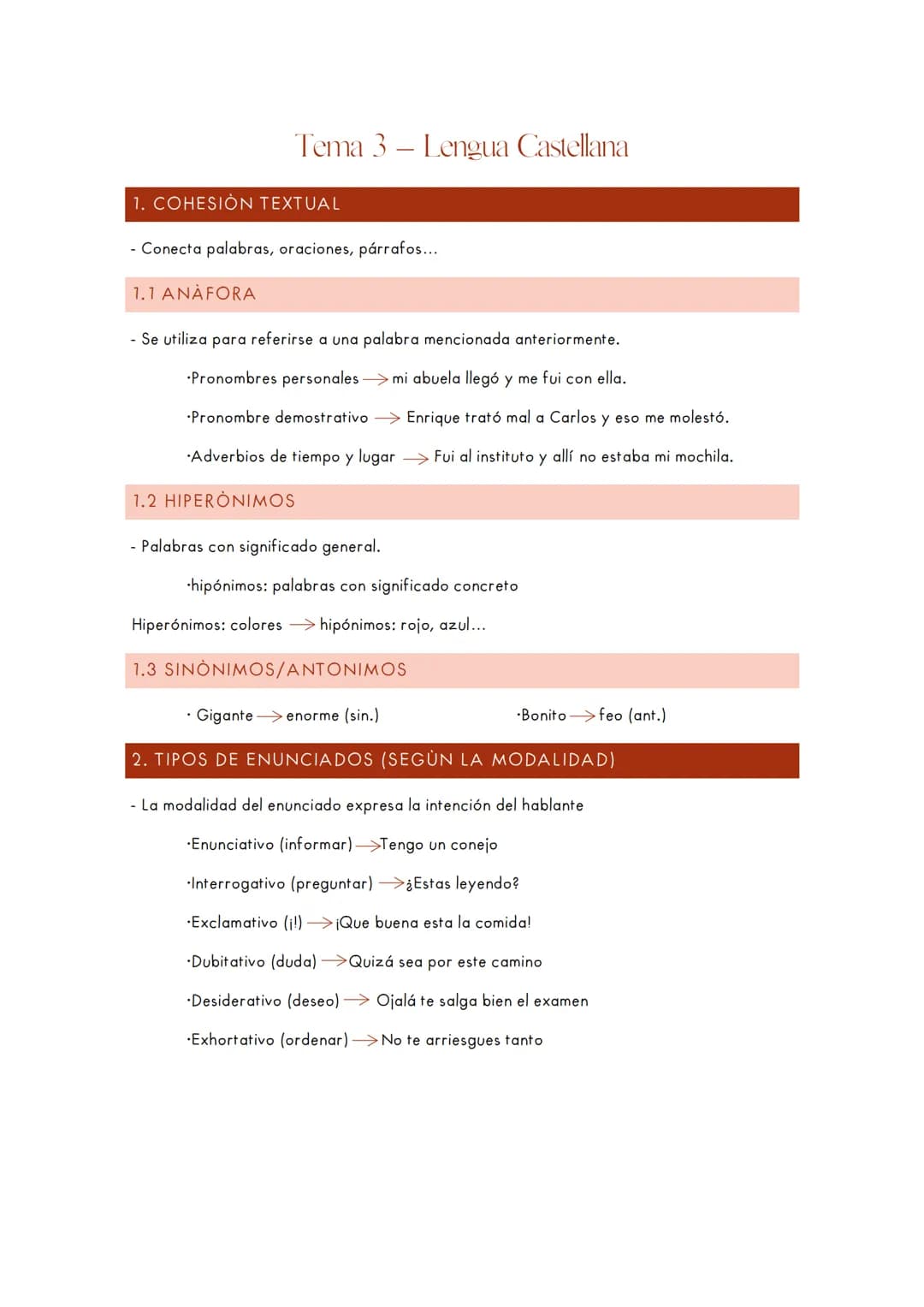 Tema 3- Lengua Castellana
1. COHESION TEXTUAL
- Conecta palabras, oraciones, párrafos...
1.1 ANAFORA
-Se utiliza para referirse a una palabr
