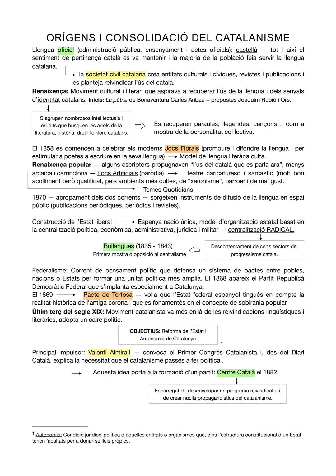 # ORÍGENS I CONSOLIDACIÓ DEL CATALANISME

Llengua oficial (administració pública, ensenyament i actes oficials): castellà tot i així el
sent
