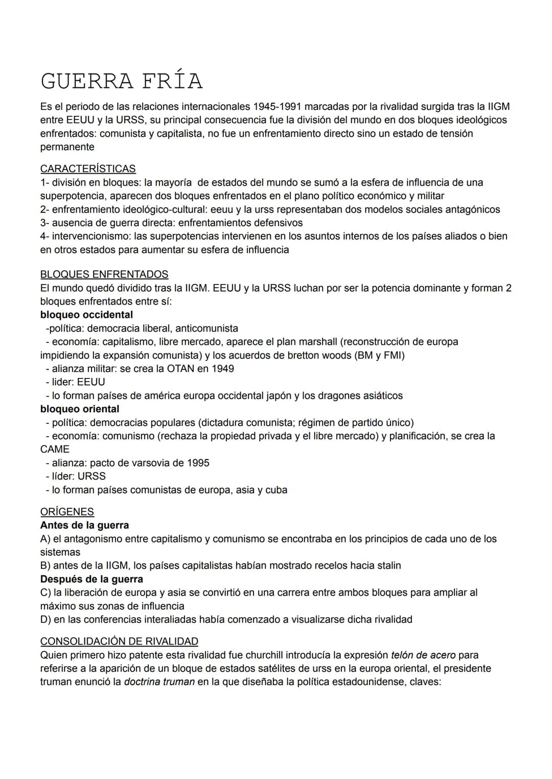GUERRA FRÍA
Es el periodo de las relaciones internacionales 1945-1991 marcadas por la rivalidad surgida tras la IIGM
entre EEUU y la URSS, s