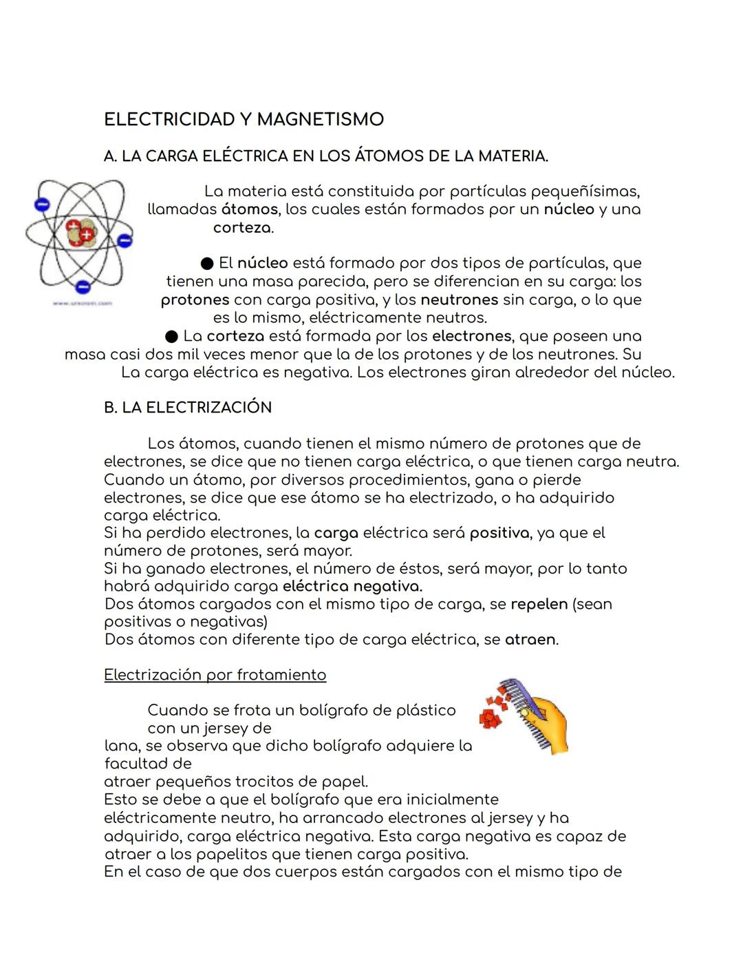ELECTRICIDAD Y MAGNETISMO
A. LA CARGA ELÉCTRICA EN LOS ÁTOMOS DE LA MATERIA.
La materia está constituida por partículas pequeñísimas,
llamad