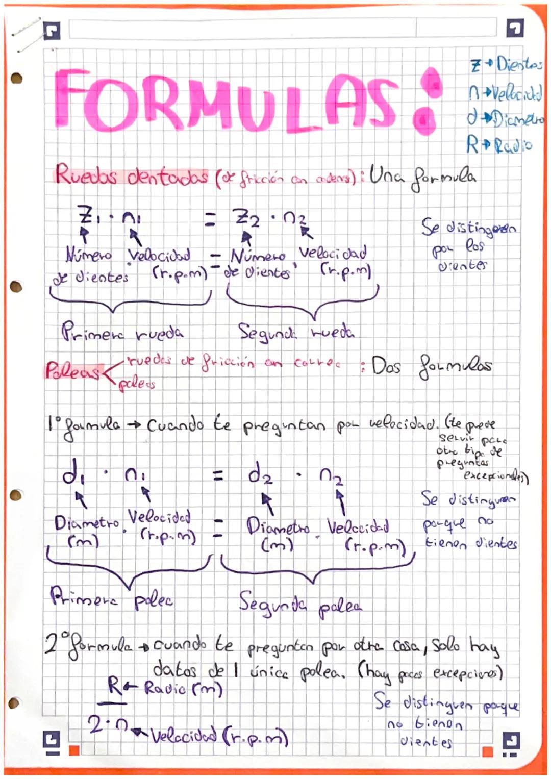 # FORMULAS:

Z$\rightarrow$Dientes
$\rightarrow$Velocit
d$\rightarrow$Diametro
ReRado
Ruedas dentadas (de ftación an aders): Una formula

Zi