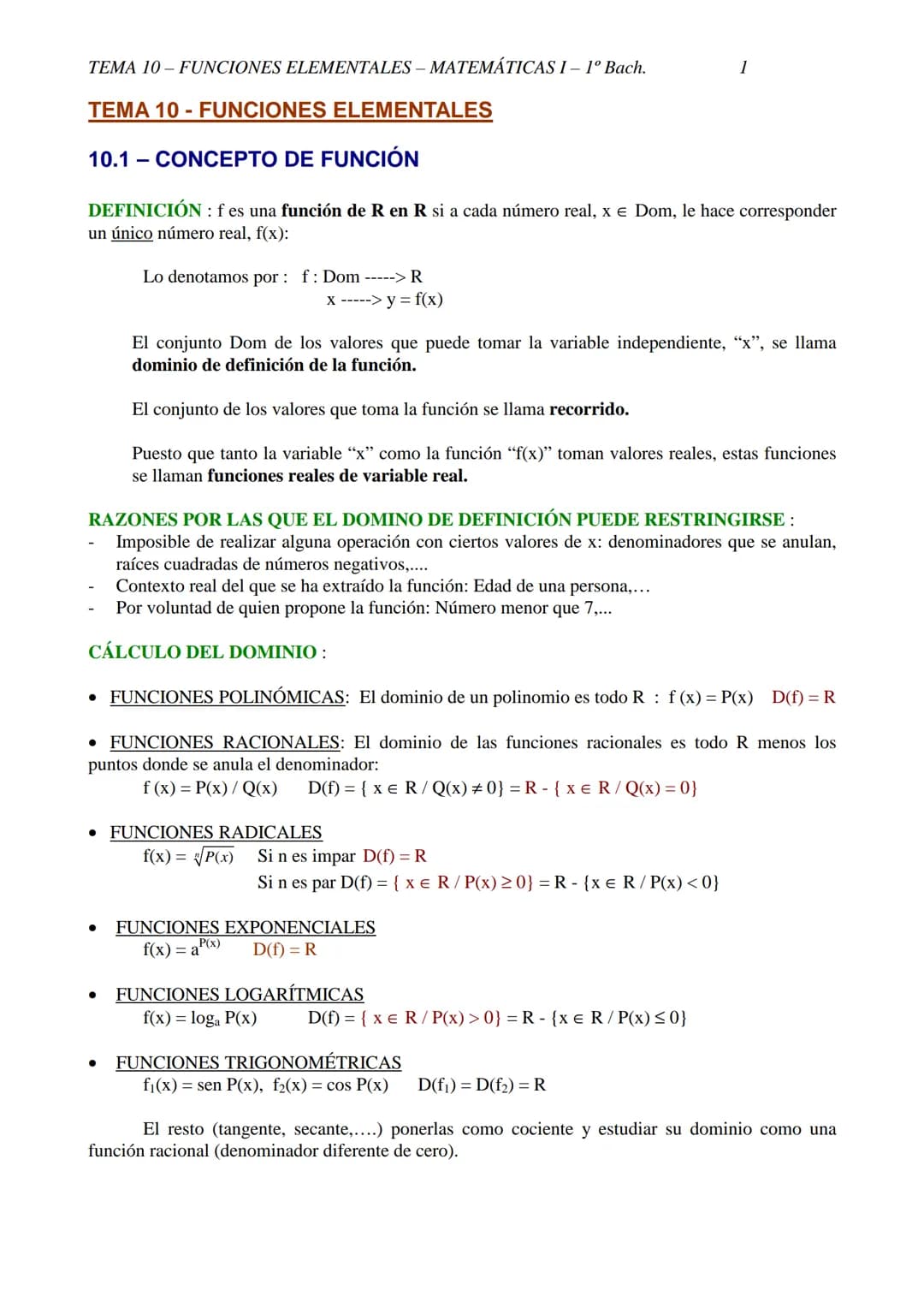 TEMA 10-FUNCIONES ELEMENTALES - MATEMÁTICAS I- 1º Bach.
TEMA 10 - FUNCIONES ELEMENTALES
10.1 CONCEPTO DE FUNCIÓN
DEFINICIÓN: f es una funció