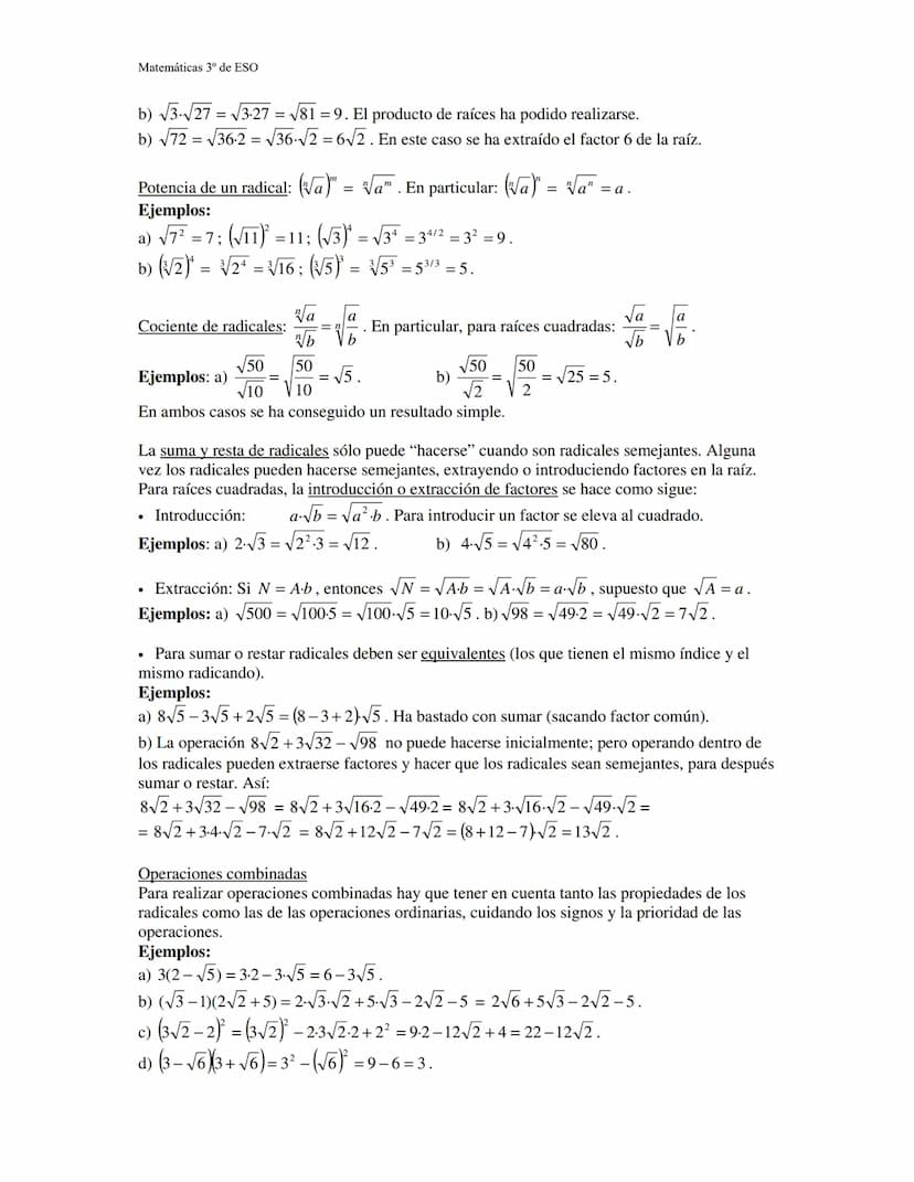 Matemáticas 3º de ESO
Potencias y raíces
Potenciación de exponente entero:
Si n es un número entero positivo: a" = a-a.....a, n veces repeti