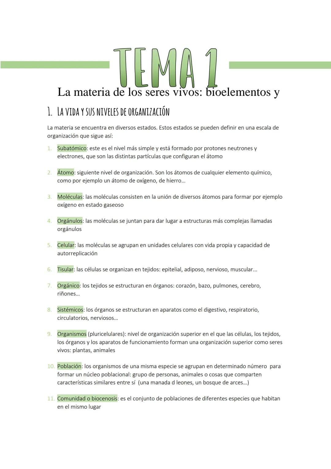 TEMA 1
La materia de los seres vivos: bioelementos y
1. LA VIDA Y SUS NIVELES DE ORGANIZACIÓN
La materia se encuentra en diversos estados. E